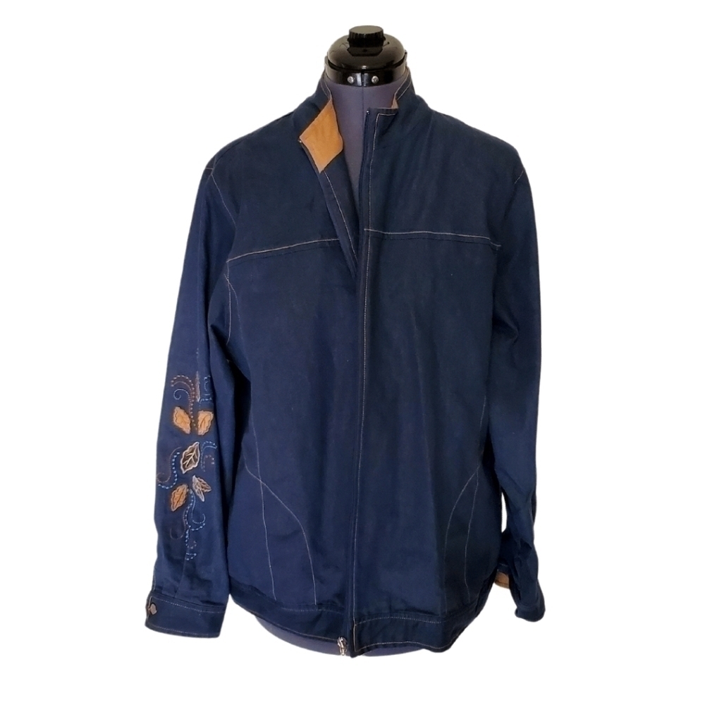 Embroidered Denim E.L.C.C. Zip Front Jacket with Autumn Leaves  Size 1X